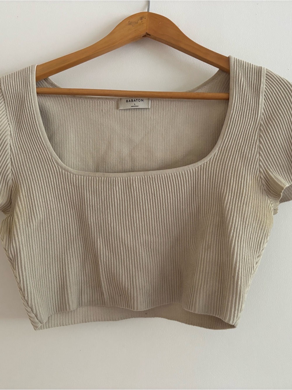 Babaton Ribbed Square-Neck Crop Top in Light Beige